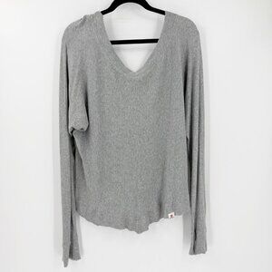 Vimmia Gray Ribbed V-Neck Workout Athleisure Long Sleeve Top L Thumbholes